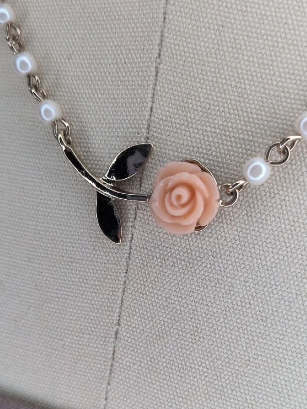 Elegant Silver Necklace with Peach Rose and White Beads - Women Jewelry_2